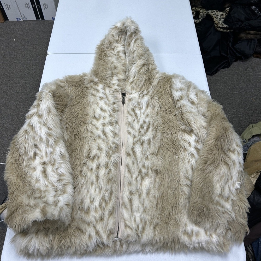 Excelled Collection Faux Fur Jacket Womens 2X Cream Tan Snow Leopard Hooded Zip